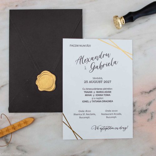 detaliu plic sigiliu auriu si invitatie